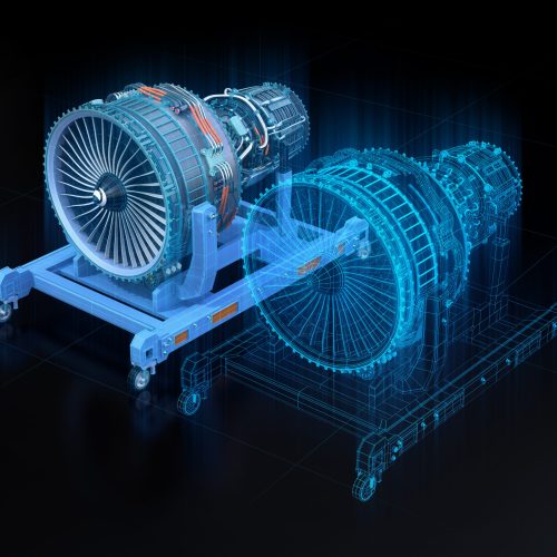 Wireframe rendering of turbojet engine and mirrored physical body on black background. Digital twin concept. 3D rendering image.
